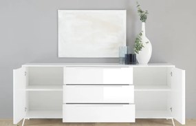 CITY Kétajtós, háromfiókos komód, fehér, magasfényű lakkozott vázzal és előlapokkal