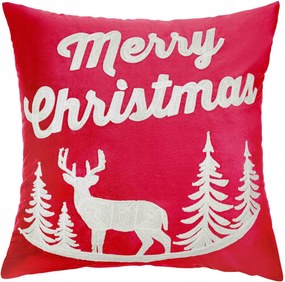 Karácsonyi párnahuzat 45x45 cm-es, piros rénszarvas mintával, Merry Christmas felirattal