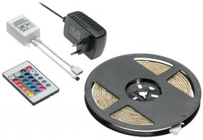 LED szalag RGB színváltós szett, 150 LED/5 fm, 8W/fm, 36W/5fm , 10mm , 5fm/tekercs, 12V, IP20, tápegységgel, távirányítóval