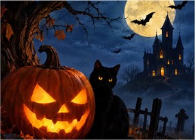 Üveg kép - Fekete macska egy világító halloweeni tök mellett (70x50 cm)
