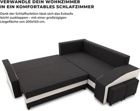 Grande sarokkanapé polcokkal és puffokkal , polc a bal karfaban puffok a jobb karfaban, jobboldali, szövet anyag, bonell töltet, fekete - fehér