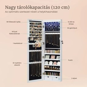 JEWELIA fali ékszertartó tükörrel és LED világítással, 10x37x120 cm, fehér SongmicsHome
