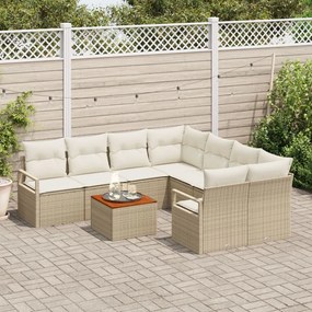 9 Darabos Kert Sofa Szett Párnákkal Bézs Poli Rattan Akác, Kétfős Kert Sofa Párnákkal Bézs Poli Rattan