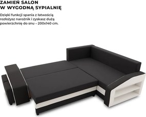 Grande sarokkanapé polcokkal és puffokkal , polc a jobb karfaban puffok a bal karfaban, jobboldali, szövet anyag, bonell töltet, fekete - fehér