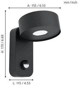 Eglo 98738 - LED kültéri fali lámpa érzékelővel PALOSCO LED / 6W / 230V IP44