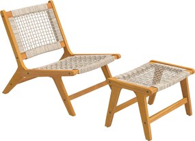 Outsunny 2 részes akácfa kültéri lounge fotel és lábtartó – FSC-tanúsított, polipropilén rattan ülés, boho stílus, bézs (160 kg) | Aosom