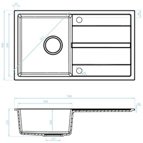 Kuchinox Viti, 1 rekeszes gránit mosogató 760x440x175 mm + szifon, fekete pettyes, LAV-SBX_711Y
