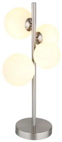 Globo 56140-4T Asztali lámpa fém nikkel matt, üveg fehér, kábel PVC fekete, billenőkapcsoló a kábelen, HxSzxM: 270x230x510mm, kábelhossz 1500mm, üveg átmérő: 2x10cm, 2x12cm, benne 4x G9 LED 3.5W 230V, 350lm forrás, 310lm kimenet, 3000K