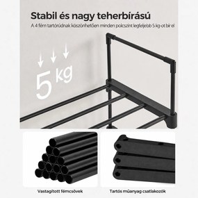 Keskeny 10 szintes cipőtartó akár 20 pár cipőhöz, 45 × 30 × 174 cm, fekete