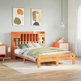 barna tömör fenyőfa könyvespolcos ágy matrac nélkül 150 x 200cm