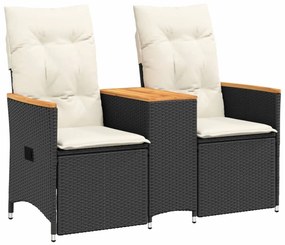 2 személyes fekete polyrattan dönthető kerti kanapé asztallal