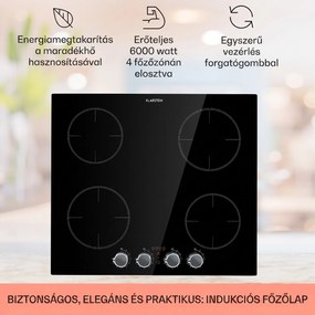 Klarstein Kochheld, indukciós főzőlap, 6000 W, 4 zóna, forgó szabályozók, üveg, fekete