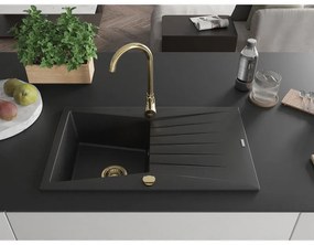 Mexen Cesar, gránit mosogató 775x470x190 mm, 1 kamrás, fekete arany szifonnal, 6514771010-77-G