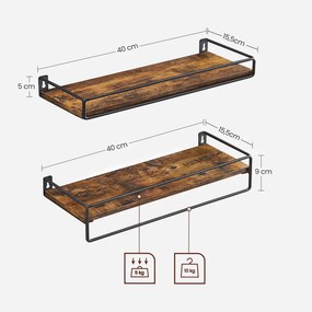 2 darabos fali polc szett, rusztikus barna 40x15x5/9cm