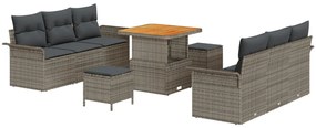 9 részes kerti kanapészett párnákkal szürke poli rattan, 2 személyes kerti kanapé párnákkal szürke poli rattan, 3 részes kerti étkezőszett párnákkal szürke poli rattan