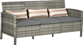 Outsunny Rattan Kanapé Párnákkal, Háromszemélyes, Kert Lounge Kanapé, Acél, Szürke, 173 x 68 x 78 cm | Aosom