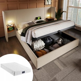 Kárpitozott ágy Kétszemélyes ágy 160×200cm Usb Type-C bézs+Matrac