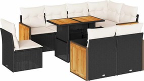 vidaXL 9 részes fekete polyrattan akácfa kerti ülőgarnitúra párnákkal