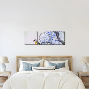 Kép - Madár egy fán kék virágokkal (órával) (90x30 cm)