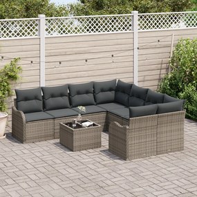 9 darabos kertifotel készlet párnákkal szürke poli rattan