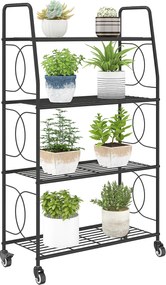 Outsunny 4 polcos fém növénytartó kerekkel és fogantyúkkal, 114 cm magas — Többrétegű virágtartó kertbe, erkélyre és lakásba (fekete) | Aosom