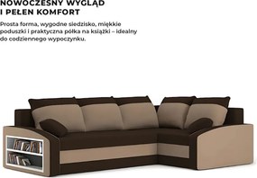 Grande sarokkanapé polcokkal , polc a bal karfaban, jobboldali, szövet anyag, hab töltet, barna