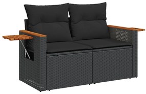 11 részes kerti kanapé szett párnákkal, fekete poli rattan, akácia, 3 részes kerti étkezőszett párnákkal, fekete poli rattan, akácia
