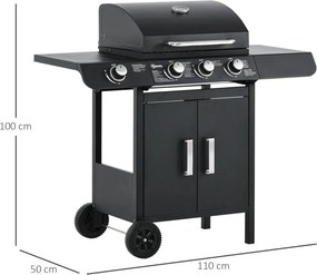Outsunny Gázgrill 3 fő égővel + 1 oldalsó égővel, tárolópolccal, rozsdamentes acél, fekete