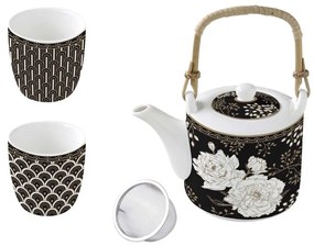 Porcelán teáskanna szűrővel két pohárral Art Deco & Flowers Coffee Mania
