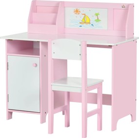 HOMCOM Gyerek Fa Asztal és Szék Szett - Fehér Táblával 5 Éves Korosztály Számára 90x45x85 cm Rózsaszín | Aosom