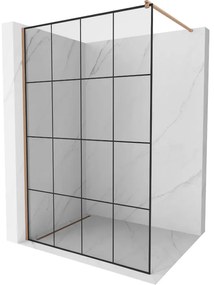 Mexen Kioto, Walk-In zuhanyparaván 130 x 200 cm, 8 mm átlátszó üveg fekete mintás, réz matt profil, 800-130-101-65-77