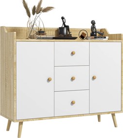 HOMCOM Fa Éjjeliszekrény 3 Fiókkal és 2 Kettős Szintű Szekrénnyel, Modern és Többfunkciós Bútor a Konyhához, Étkezőhöz és Nappalihoz, 90x32x80 cm, Feh