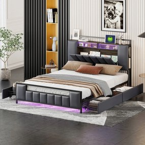 Kárpitozott ágy Franciaágy 140x200 cm Led Usb fiók Pu szürke