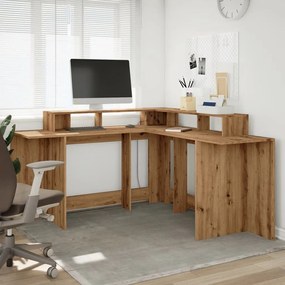 kézműves tölgy színű szerelt fa LED-es íróasztal 152x152x91 cm