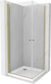 Mexen Pretoria Duo, zuhanykabin 2-szárnyú ajtókkal 80 (ajtók) x 80 (ajtók) cm, 6mm átlátszó üveg, arany profil + zuhanytálca, 852-080-080-50-02-4010G
