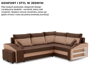 Grande sarokkanapé polcokkal és puffokkal , polc a jobb karfaban puffok a bal karfaban, jobboldali, szövet anyag, hab töltet, barna