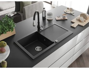 Mexen Leo, 1 kamrás gránit mosogató 900x500x190 mm és Savita mosogató csaptelep, fekete, 6501-77-672601-70