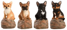 Kövön ülő ugató francia bulldog kiskutya polyresin szobor, fekete, kültéri és beltéri dekorációs kiegészítő