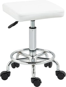 HOMCOM Forgószék Kerekekkel Állítható Magasságú 50-66 cm Kárpitozott Ülés PU Bőr Lábpihentető Nappalikhoz és Műhelyekhez - Fehér | Aosom