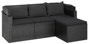 3-személyes fekete polyrattan kanapé tetővel és lábtartóval