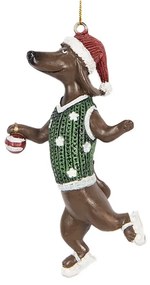 Karácsonyfadísz pöttyös zöld pulcsis mikulássapkás tacskó