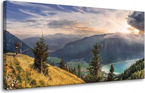 Vászonkép Nap a hegyek felett Felhők Falu 80x40 cm