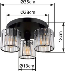 Globo 15742-3D Mennyezeti lámpa fekete matt fém, átlátszó akril kristályok, ø: 350mm, M: 180mm, 3x E27 60W 230V izzók nélkül