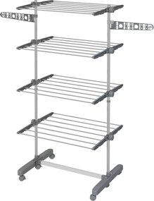 HOMCOM Szárítótorony 4 Szinttel, Összecsukható Szárnyakkal, Kerekekkel, Belső és Külső Használatra - 142 x 55 x 172 cm, Szürke | Aosom