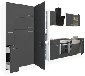 Yorki 370 konyhabútor fehér korpusz,selyemfényű antracit front alsó sütős elemmel polcos szekrénnyel és alulfagyasztós hűtős szekrénnyel