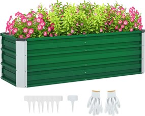 Outsunny Acélból készült Emelt Ágyás Kertüdítő Virágcserép Kesztyűvel Zöld 125 x 47 x 40 cm | Aosom