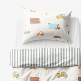 Goldea gyermek pamut ágyneműhuzat - az autók világa, zsálya színű csíkos hátoldal 150 x 200 és 50 x 60 cm