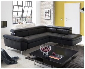 Fekete, jobb oldali, bőrkárpitos, L-alakú SALERNO II sarokkanapé, ággyá nyitható