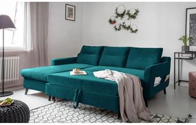 Stylish Stan türkiz kinyitható bársony sarokkanapé, bal oldali - Miuform