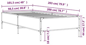 füstös tölgyszínű szerelt fa és fém ágykeret 100 x 200 cm
